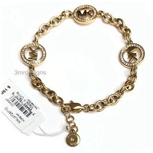 NWT Michael Kors FULTON 12K Gold Plated Glass Crystals MK Logo Chain Bracelet
